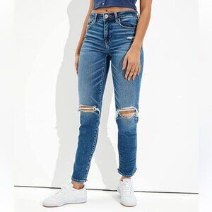 American Eagle Women's Blue Distressed Ripped Denim Mom Jeans Size 2 Long